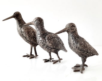 Set of 3 Pewter Silver Woodcocks Vintage in Mauro Manetti Style, Birds Sculptures