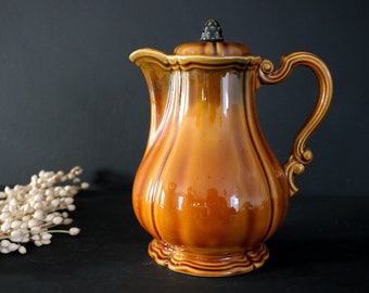 Antique Coffee Pot from Sarreguemines, French Vintage Large Teapot Brown Ironstone