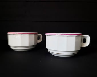 Set of 2 Large Flat Cup Set Pink and Gold Porcelain rance Cup Ceramic, Large Tea Cups Brasserie Coffee Set, Bistro Style