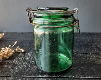 L'IDEALE French Green Glass Canning Jar 1 Liter, Zero Waste Kitchen Glass Containers, Old Green Cannister Fruit Jar