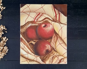 Pommes rouges vintage avec torchon rayé, toile à l'huile, charme de la campagne, nature morte sur toile, oeuvre d'art originale