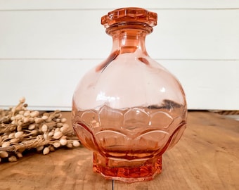 French Art Deco Glass Decanter Pink Glass Vintage Liquor Bottle Glass Mid Century Decanter with Lid