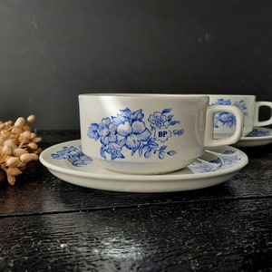 Large Cup and Saucer SARREGUEMINES Blue and White Floral Porcelain Tea Set, Breakfast Cup and Saucer, Romantic Blue image 1