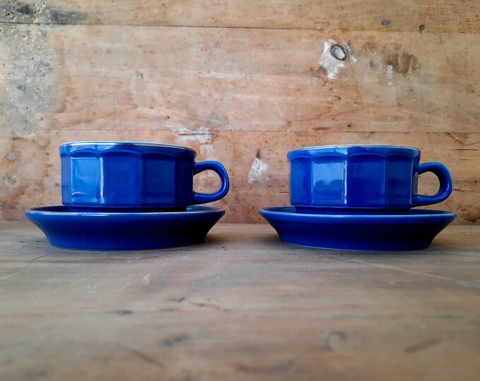 Flat Cup and Saucer Set Blue and Gold REVOL France Cup Ceramic, Large