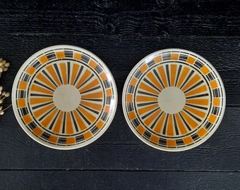 Lot de 2 assiettes plates vintage en pierre de fer LUNEVILLE, faïence Art déco, orange et noir vintage