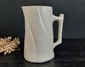 Vintage White Ironstone Pitcher, Rustic Branch Design White Glazed Pottery, Shabby Chic Country Kitchen Decor