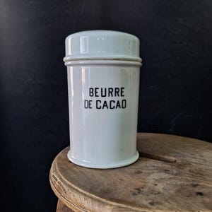 Frasco grande vintage de boticário de cerâmica francesa “Beurre de Cacao” da Pillivuyt & Cie, Mehun