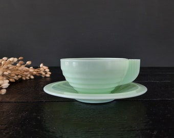 Art Deco French vintage Jadeite, Jadite Jade Green Milk Glass Tea, Coffee ONE Cup and Saucer