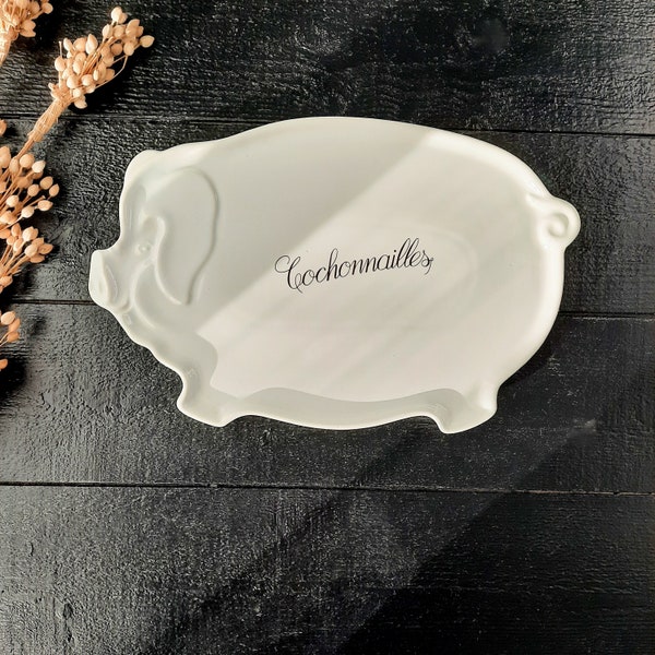 Large French Porcelain Cochonnailles Platter by REVOL France, White Ceramic Pig Shaped Platter Made In France