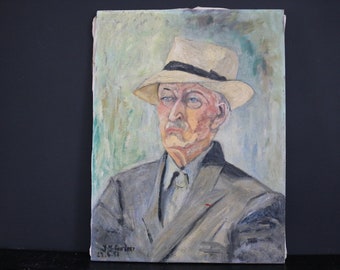 Original Ölgemälde Mann mit Hut, Gemälde Antike Original Kunst Handgemalt 1953