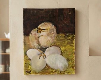 Vintage Farmhouse Chicken Painting, Original Oil Art 1957, Rustic Kitchen Wall Decor, Cottagecore Chick and Eggs Still Life Artwork