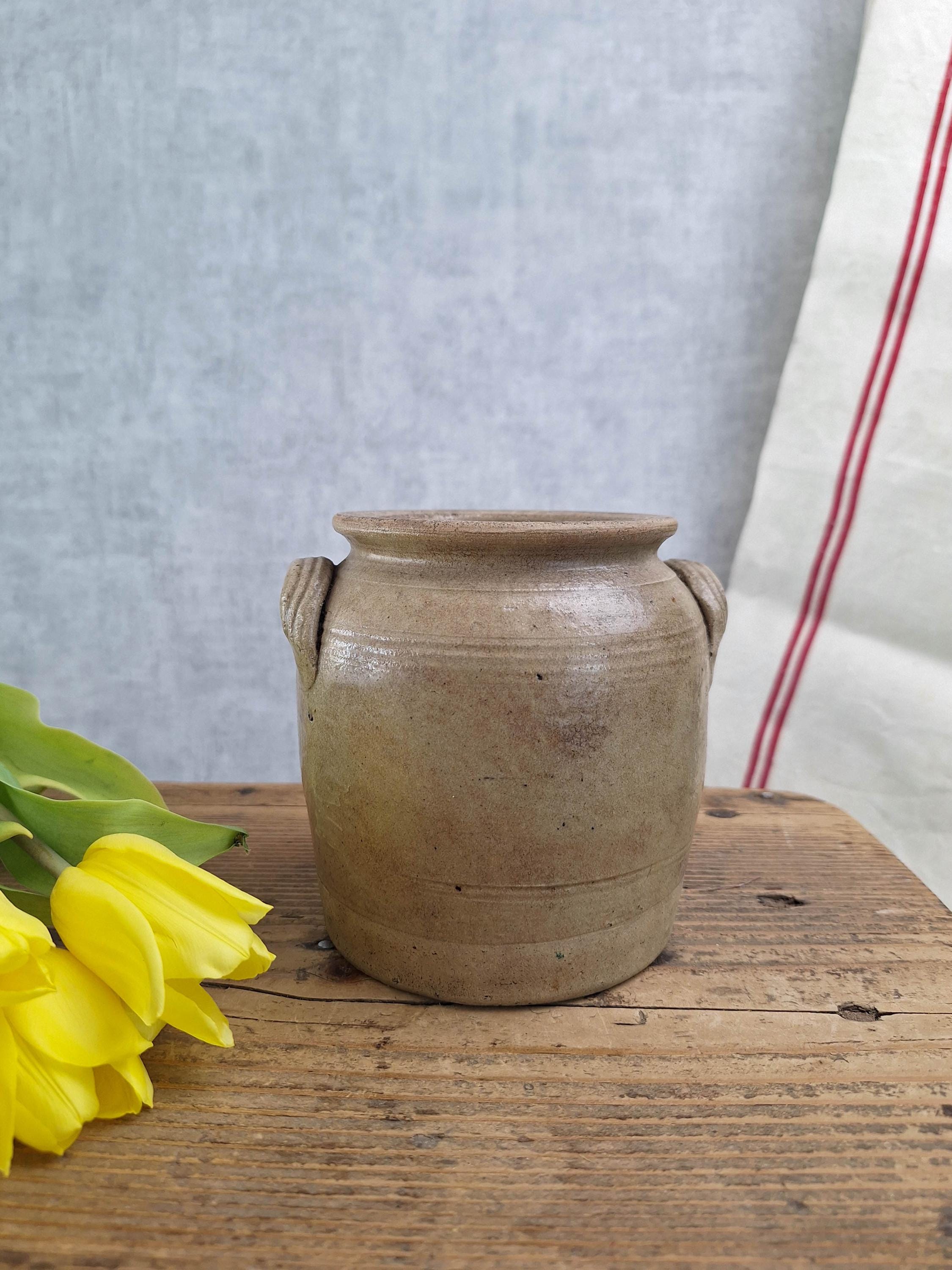 Vintage Stoneware Crock Jar, Antique Ceramic Pottery with Handles, Rustic Farmhouse Kitchen Decor, Utensil Holder, Shelf Styling Piece