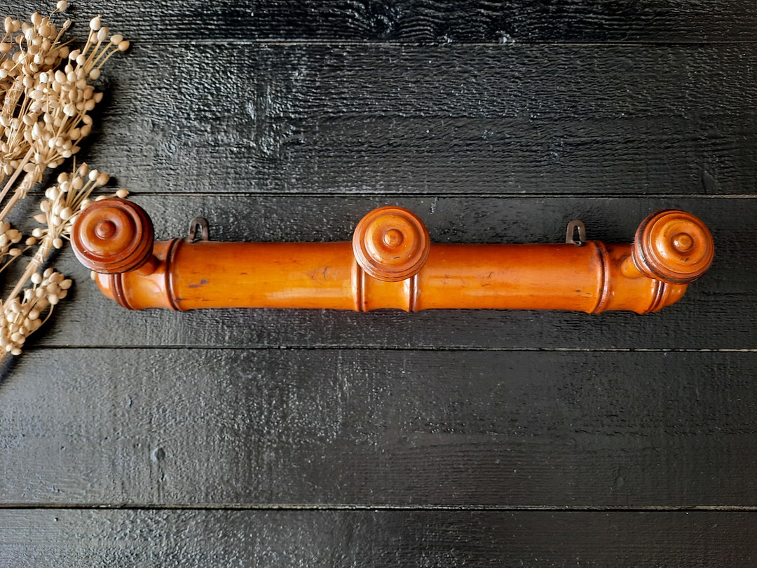 3 Peg Wall Coat Rack, Mushroom Wood Rack, French Antique Faux Bamboo