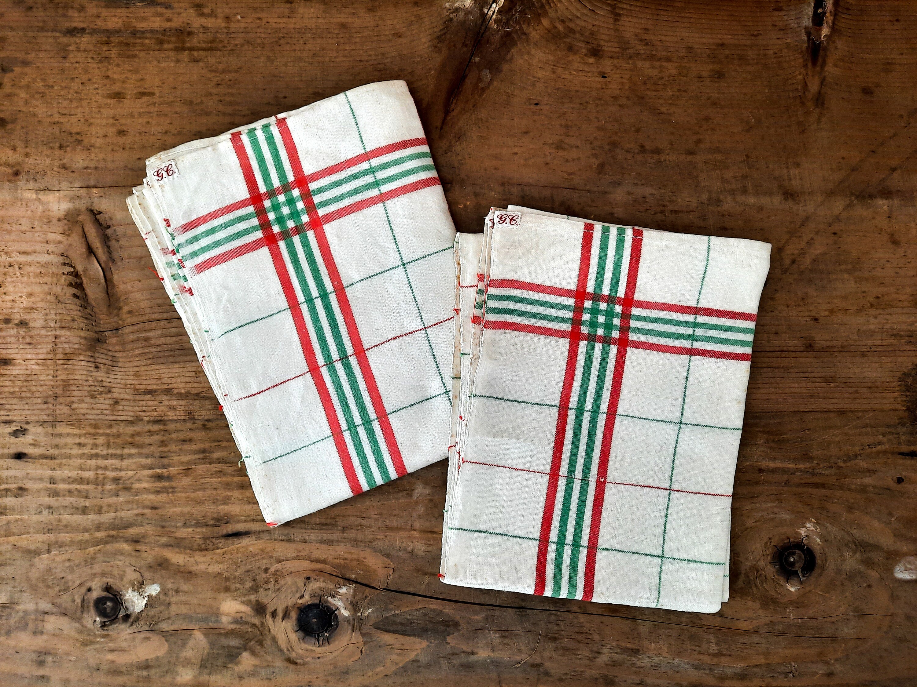 2 Serviettes Rayées Français Rouges et Vertes Anciennes, Torchons de Cuisine en Lin Métis Vintage,