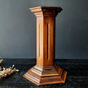 Wood Hexagonal Column Pedestal, 1970s, Vintage French Wooden Pedestal Stand Display Plant Pot