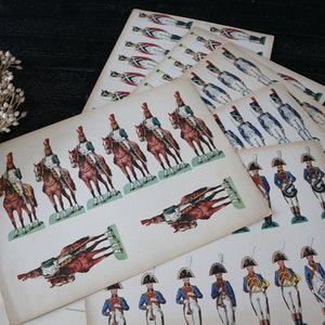 Lot of 7 Cardstock Sheet Drawings of Napoleon's Regimental Army, Battle Musicians 1900s