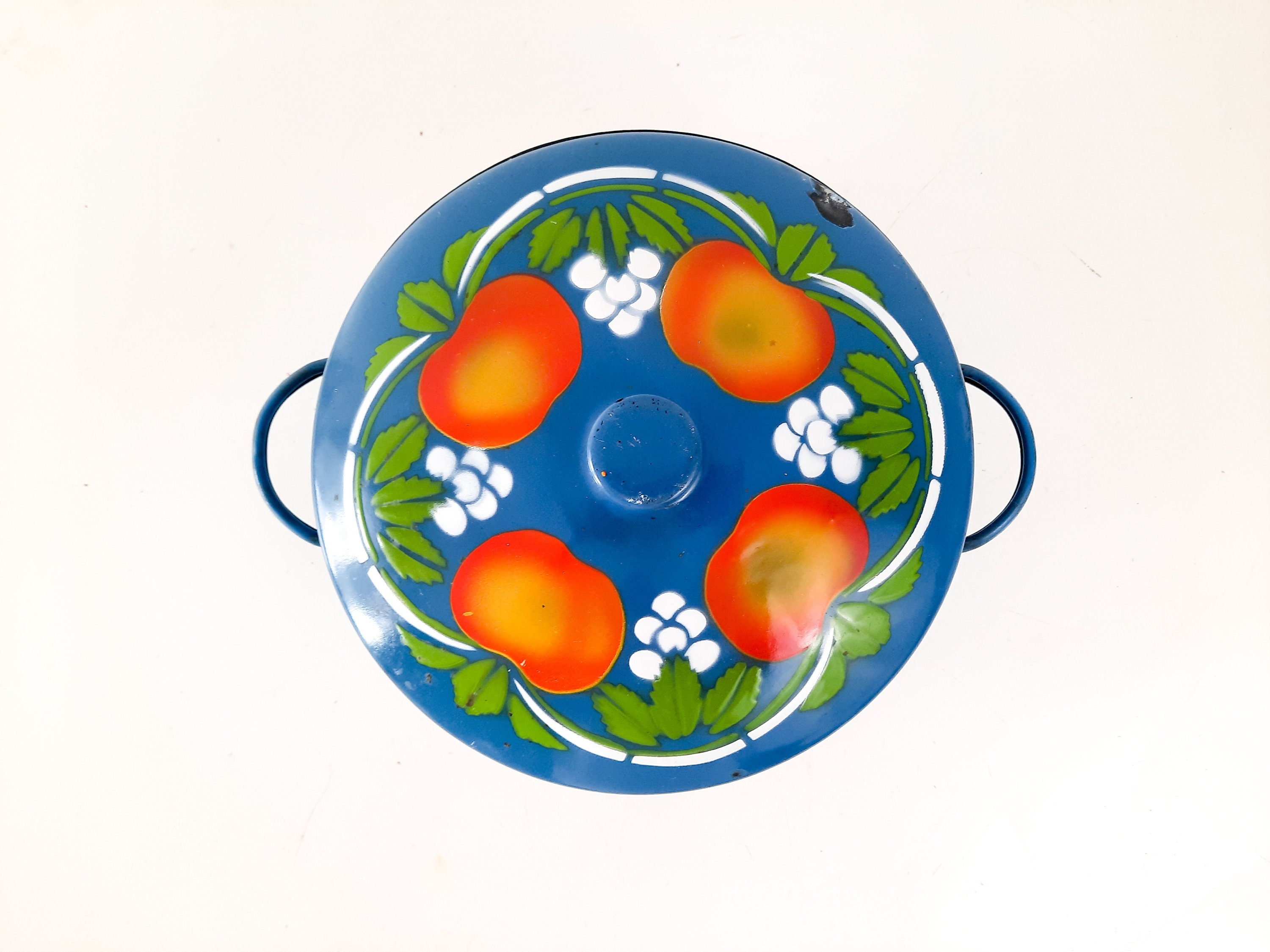 Casserole en Émail Bleu avec Couvercle, Décor de Pomme Rouge, Bol à Couvercle Poignées Latérales, Fe
