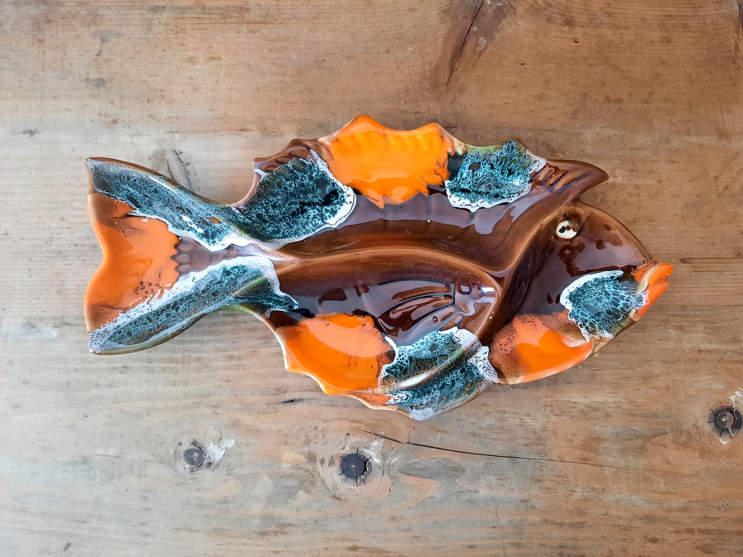 Grand Plateau de Poisson Vallauris Poterie Faite à La Main, en Céramique Compartimenté Vintage Franç