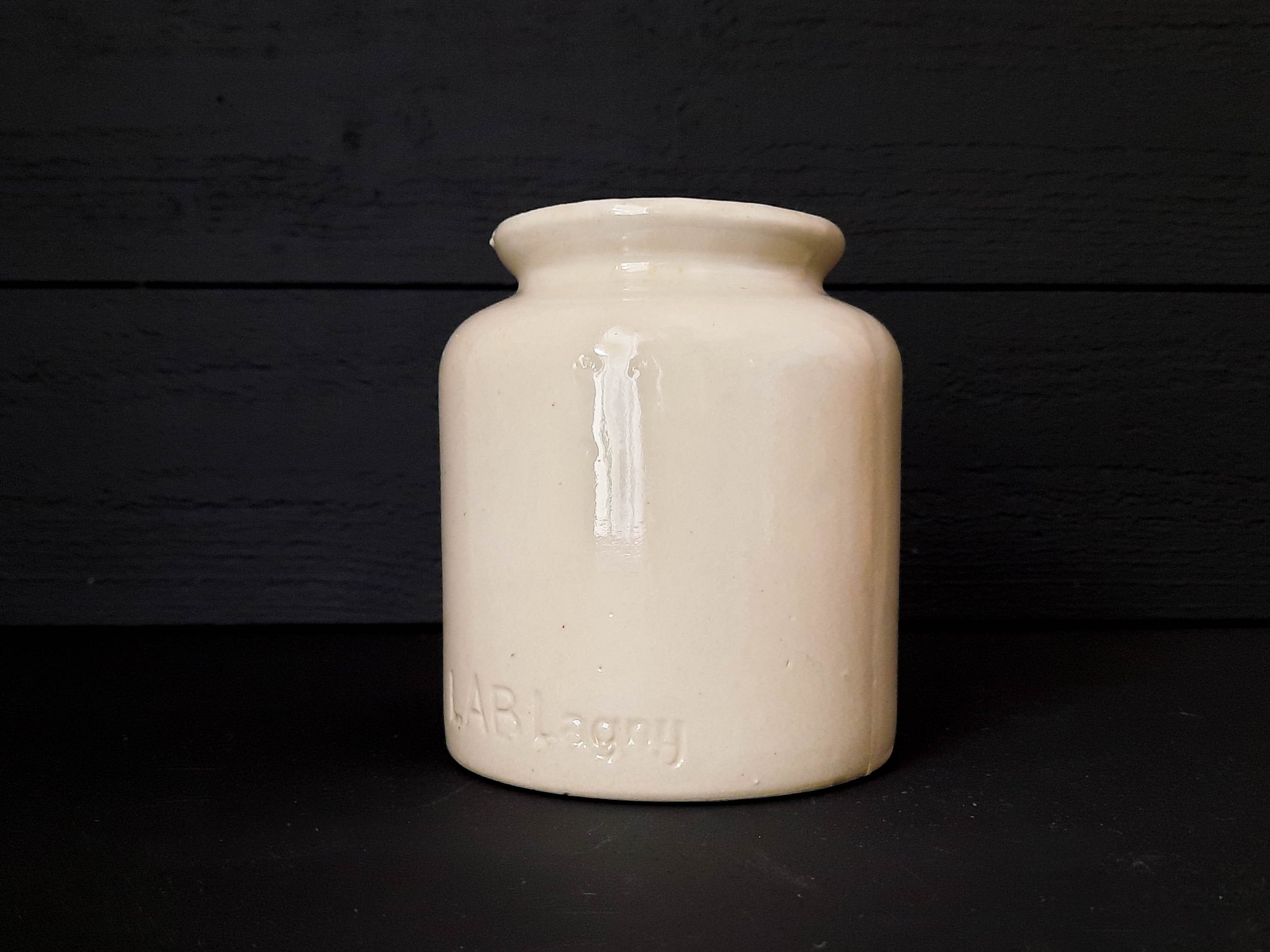French Vintage Stoneware Mustard Pot LAB Lagny, Rustic Crock for