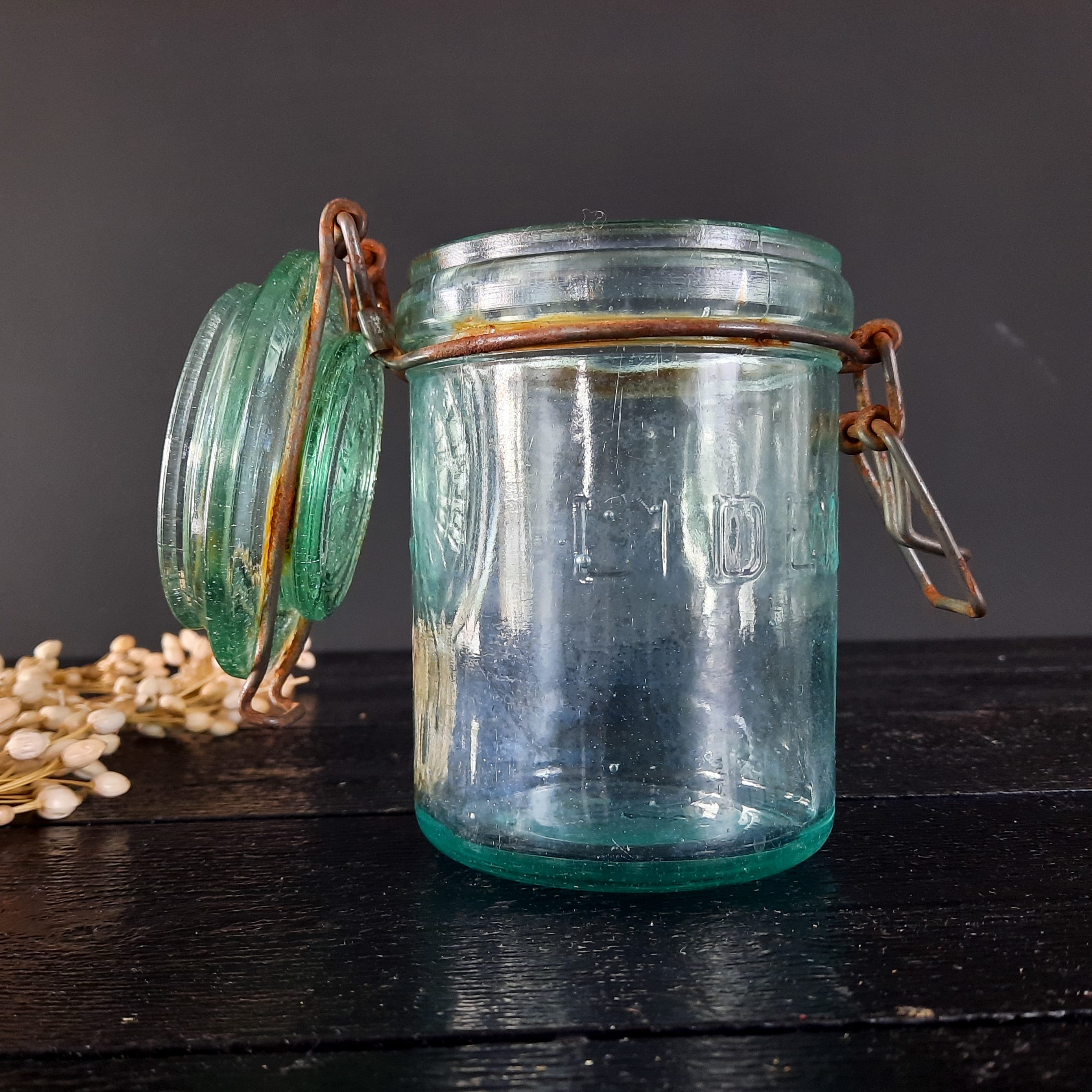 アンティーク フレンチ l'IDEALE グリーンガラス 保存瓶 蓋付き