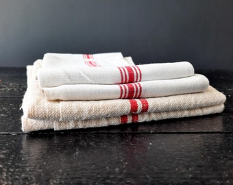 4 Antique French Red Striped Towel Set, Metis Linen Tea Towel Vintage Kitchen Tea Towels, French Torchons
