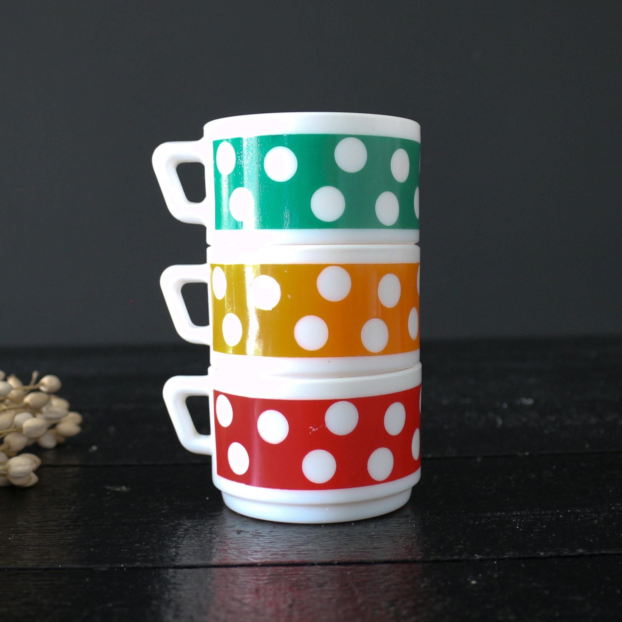 Lot De 3 Tasses à Café + Soucoupes Arcopal Polka à Pois - Vintage Années 70, Couleurs Vives
