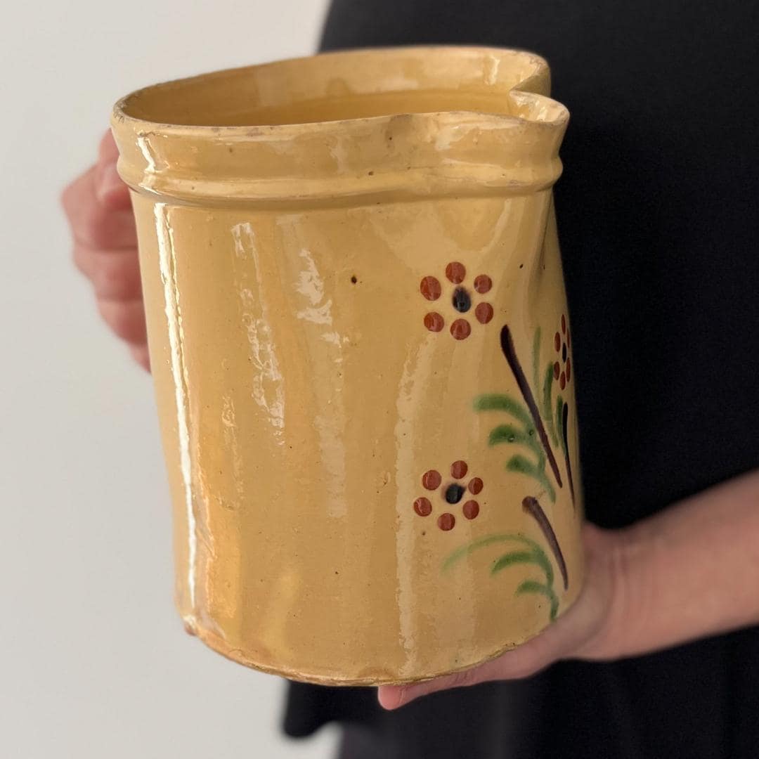 Extra Large French Terracotta Jug Pitcher Yellow with Flowers, Vintage Savoy Pitcher Pottery, Earthenware Pitcher Stoneware Pitcher Vintage