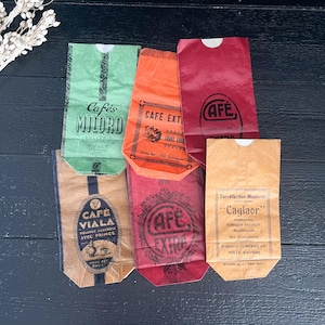 Conjunto de 6 sacos de café francês vintage de estoque de supermercado dos anos 1950, decoração de cozinha retrô, sacos de vidro, epicerie francesa, sacos de publicidade