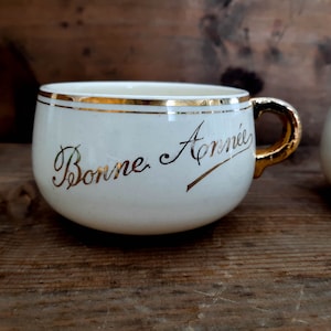 Rare French Antique Beige and Gold Large Bonne Année Happy New Year Digoin Sarreguemines Cup vintage, Collectible Cup, For ONE image 1