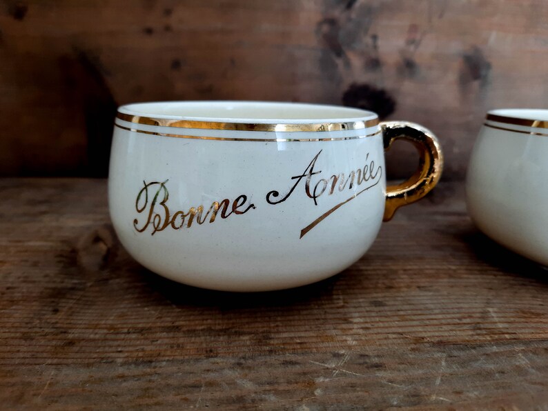 Rare French Antique Beige and Gold Large Bonne Année Happy New Year Digoin Sarreguemines Cup vintage, Collectible Cup, For ONE image 1