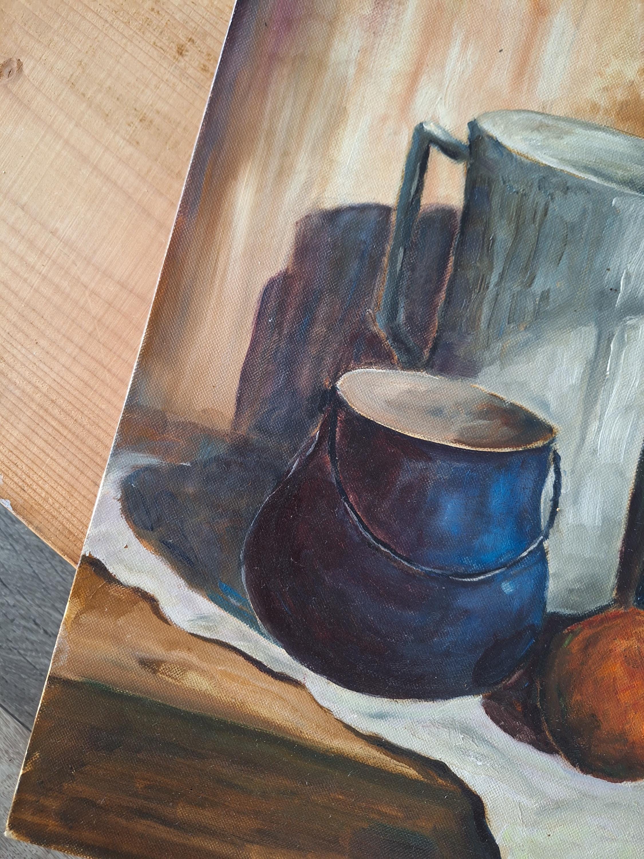 Vintage French Still Life Painting, Oil on Canvas Board, Rustic