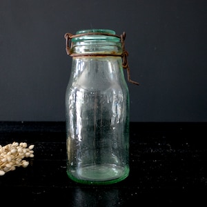 Green Canning Jar Vintage L&#39;IDEALE Preserving Jar, 1 lLiter, Canning Jar Lid, Green Glass with Lid, Antique Storage JarFrench Container