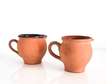 2 Small French Terracotta Pot with Handle, Miniature Antique Clay Glazed Pot, Pottery Jug, Vase Primitive Stoneware