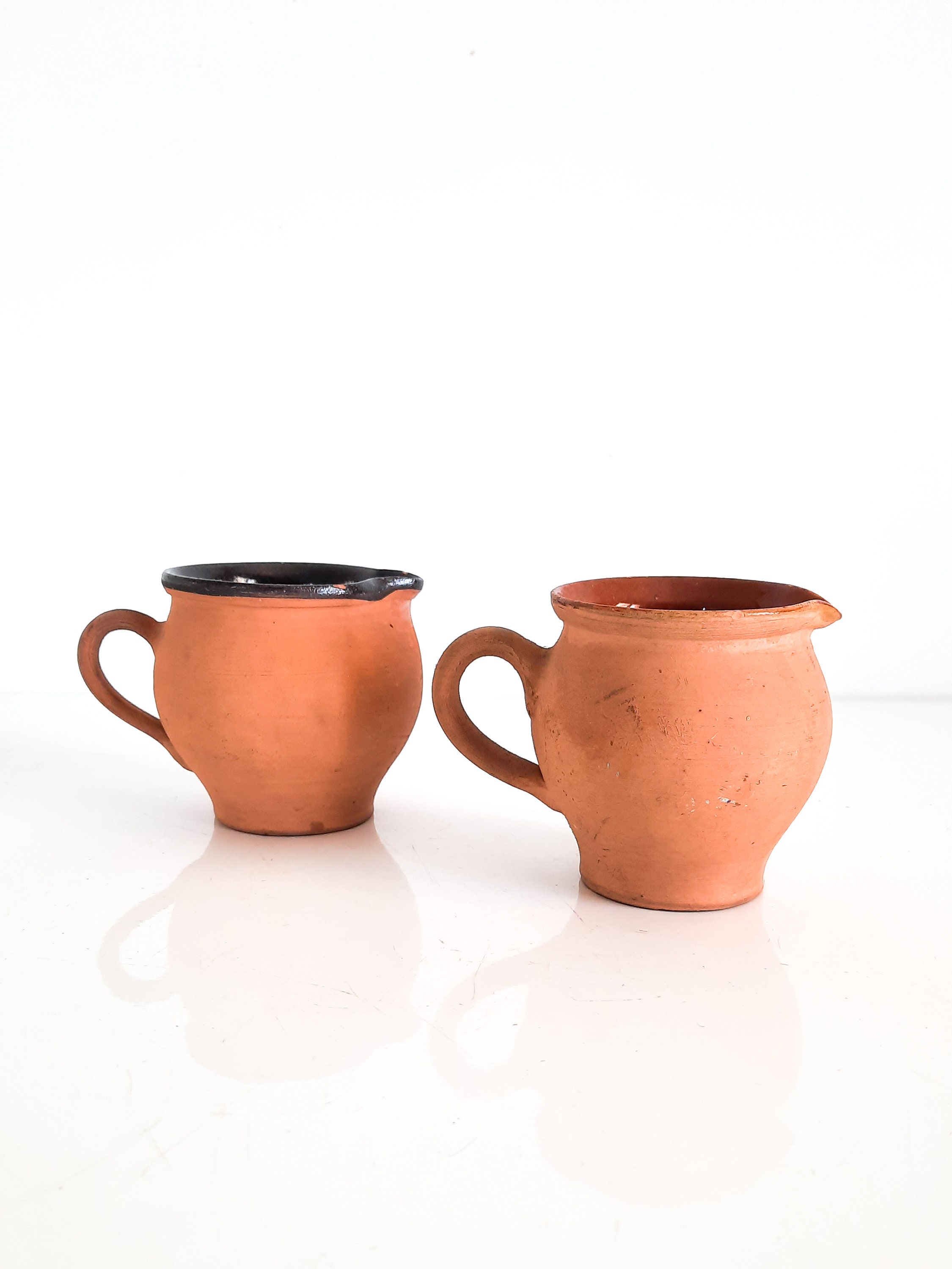 2 Petits Français Pot en Terre Cuite avec Poignée, Miniature Argile Antique Émaillée, Pichet Poterie