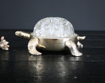 Large Glass Flower Frog, Vintage Turtle-shaped Flower Picker Silver Metal Base, Glass Flower Vase, Made in France, Pique- Fleurs 1950s