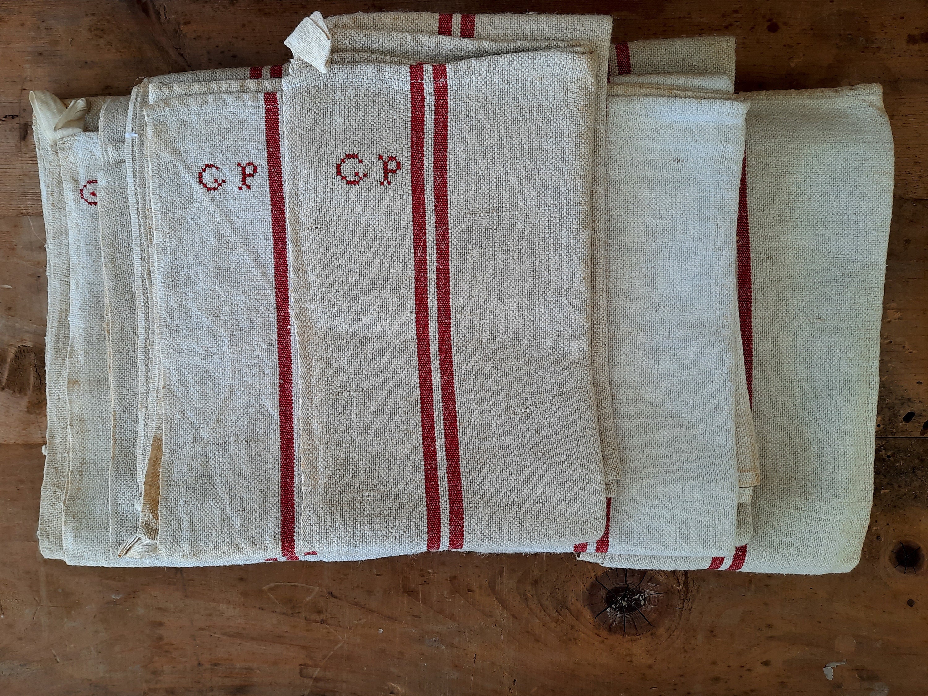 1 à 6 torchons de cuisine vintage français monogramme initiales cp, torche en lin non utilisée, torchon rayures rouges