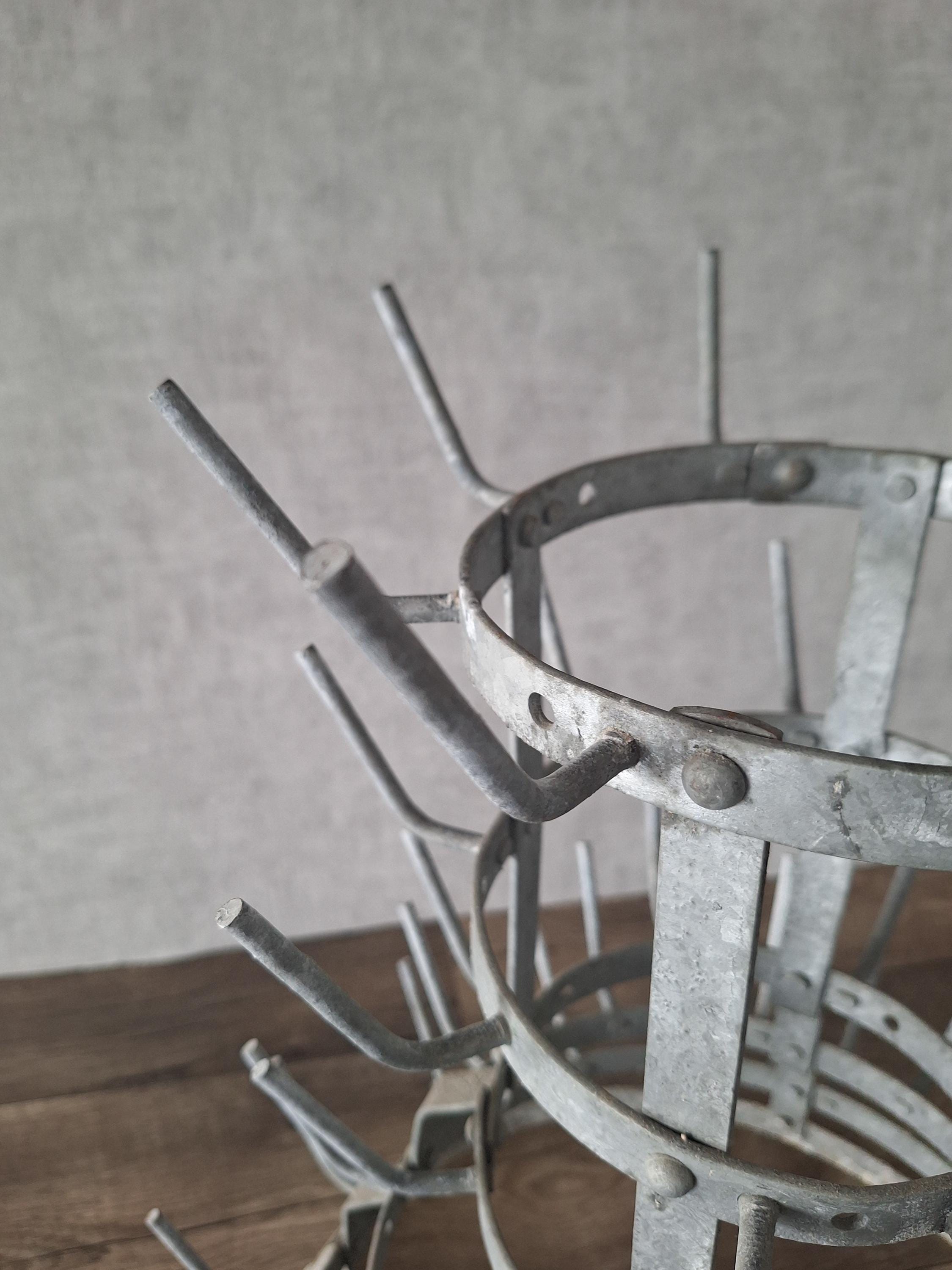 Antique French Galvanized Zinc Bottle Tree, 52 Bottles or Cups