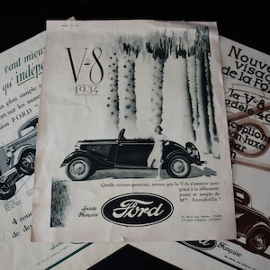 Set di 3 originali annunci pubblicitari di auto Ford degli anni &#39;30, pagine di riviste d&#39;epoca francesi Parigi