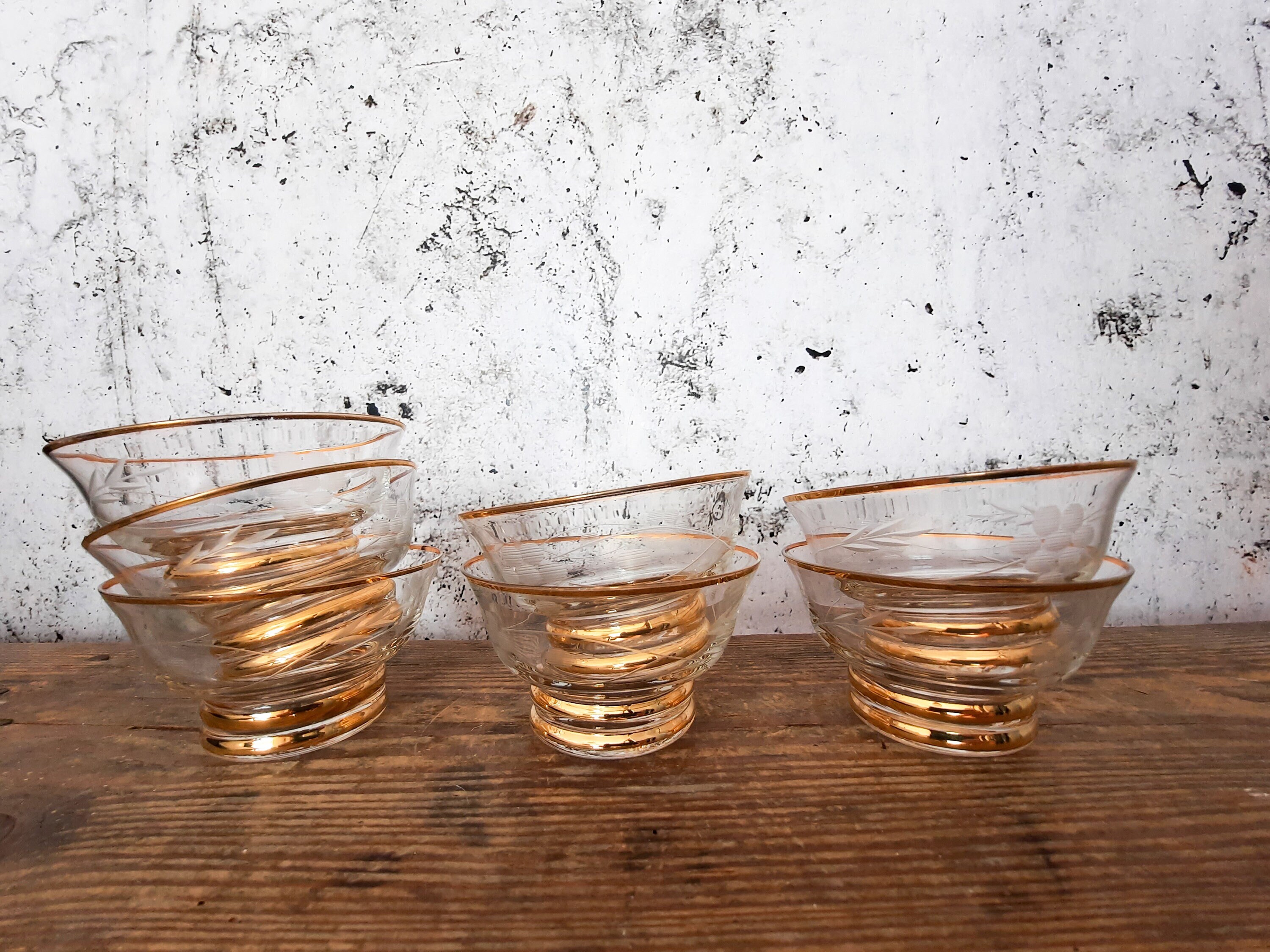 Ensemble de 7 Français Tasses en Verre Gravé Vintage à Bords d'or, Bols Dessert Rétro avec Jante Dor