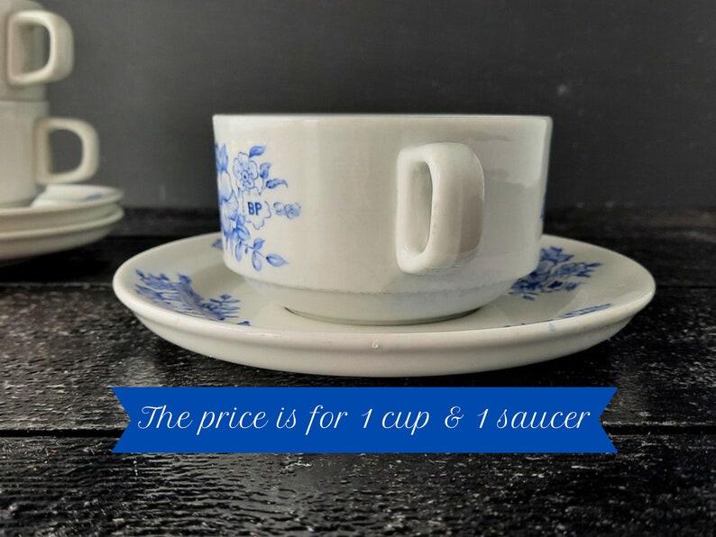 Large Cup and Saucer SARREGUEMINES Blue and White Floral Porcelain Tea Set, Breakfast Cup and Saucer, Romantic Blue image 6