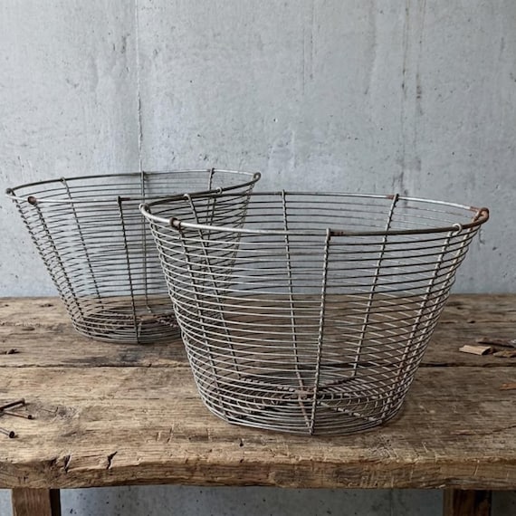 French Wire Market Basket, Industrial Metal Produce Basket, Rustic Grocery Store Display Decor