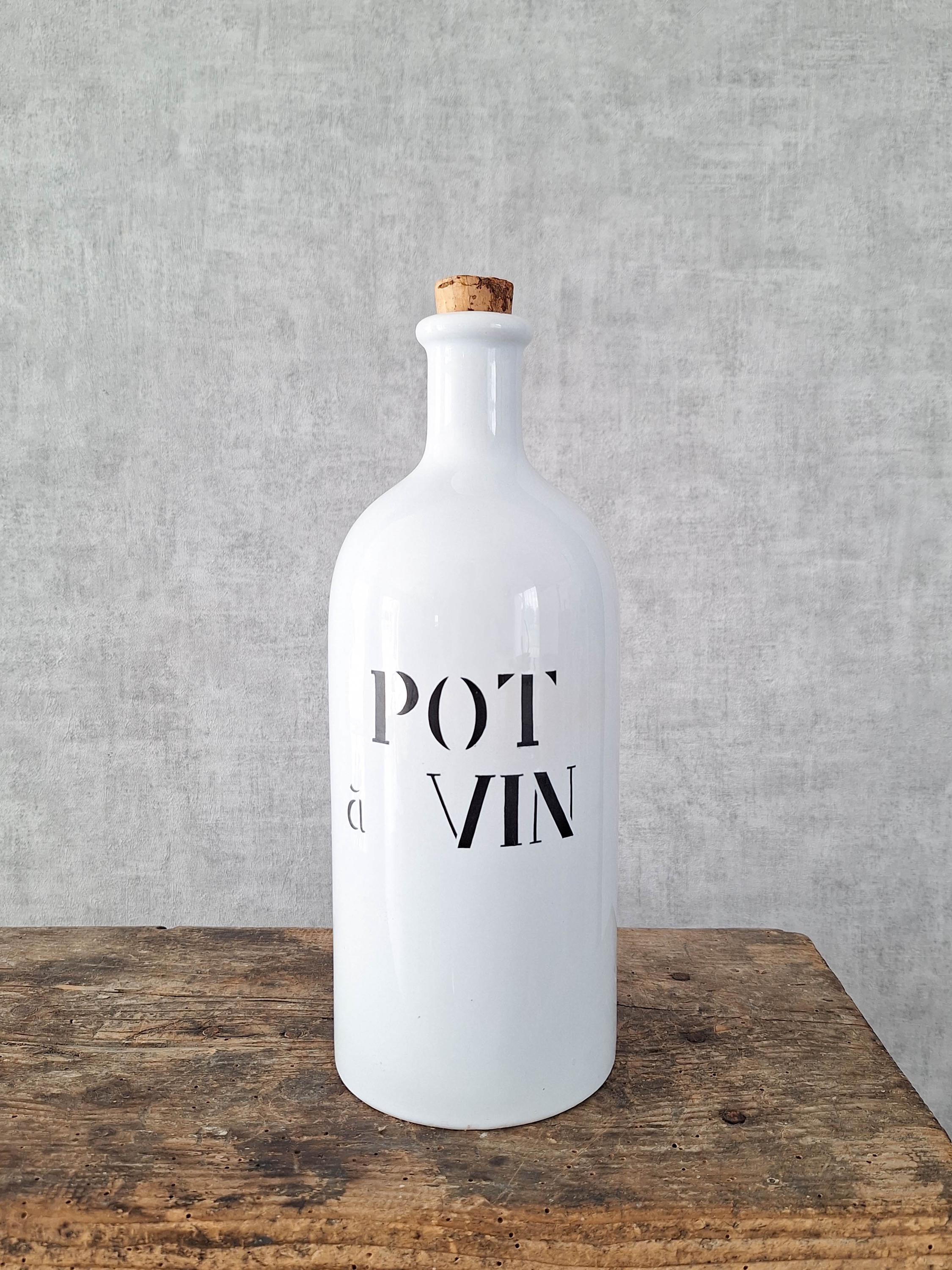 Vintage Bouteille En Grès, Pot A Vin De Charolles, Décor D'étagère Cuisine Campagne Française Émaillée Blanche