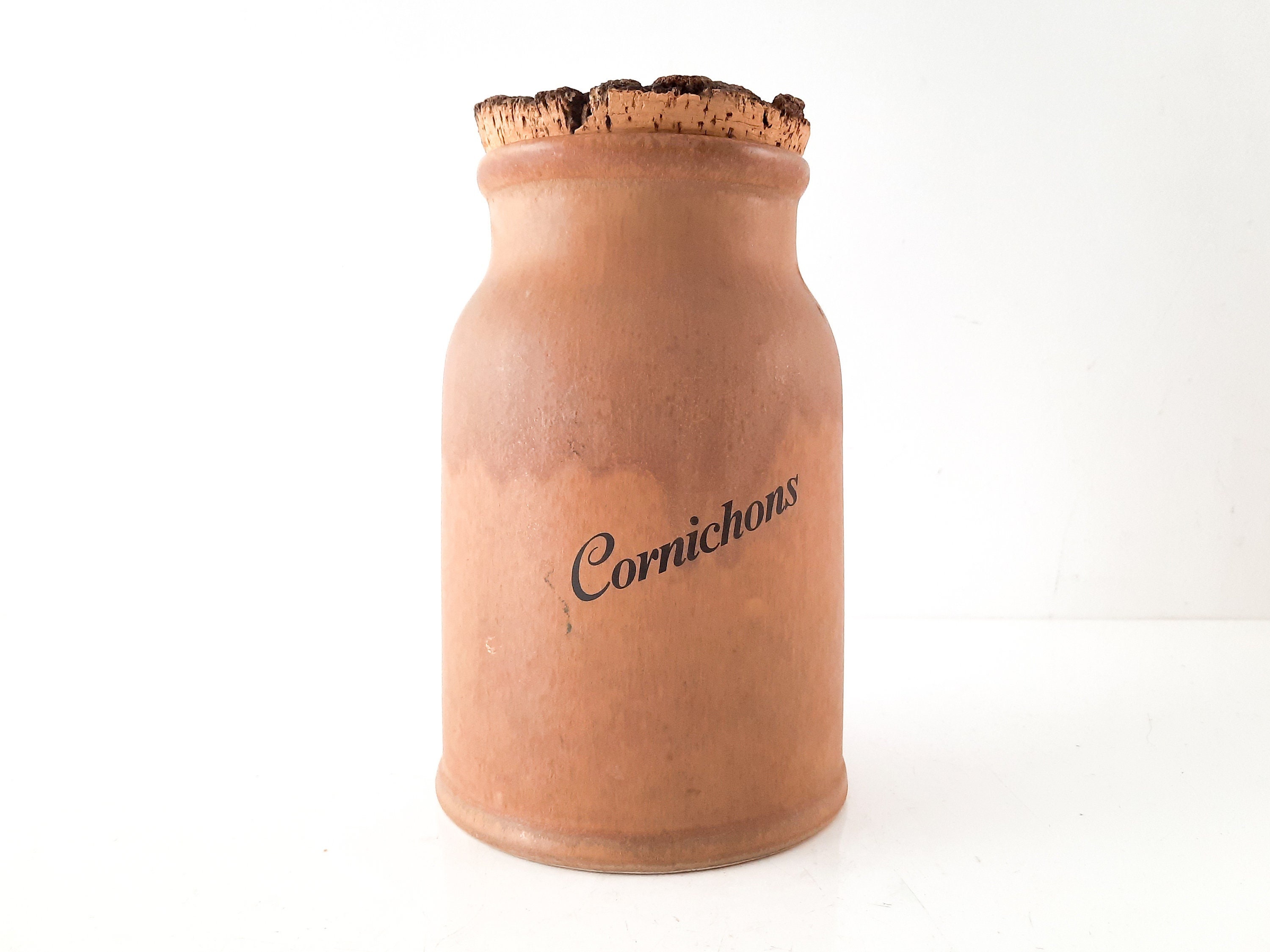 Français Pot de Cornichons en Grès Vintage avec à Couvercle Liège, Céramique Du Milieu Siècle