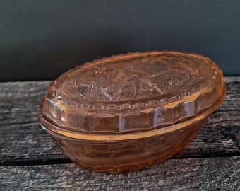 Pink Pressed Glass Cow Butter Dish Vintage French Butter Keep, Pink Rosaline Lidded Box