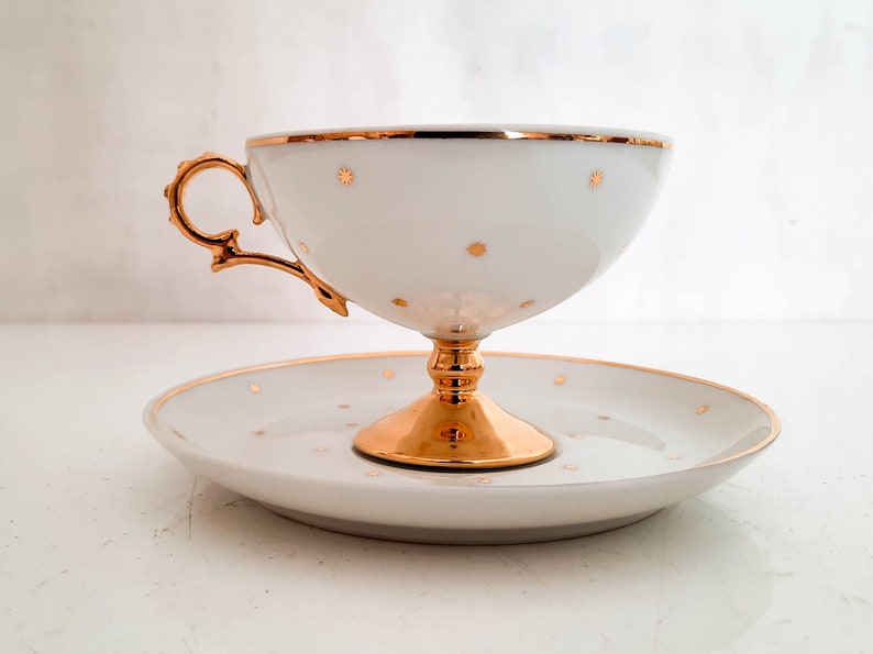 Empire Style Limoges Porcelain Cup and Saucer with Stars, White and Gold Porcelain China Tea Cup 1900s image 2