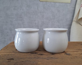 Juego de 2 yogureras vintage de porcelana blanca francesa, estilo cafetería de hierro grueso, decoración de cocina rústica, Yogur Léon de los años 60