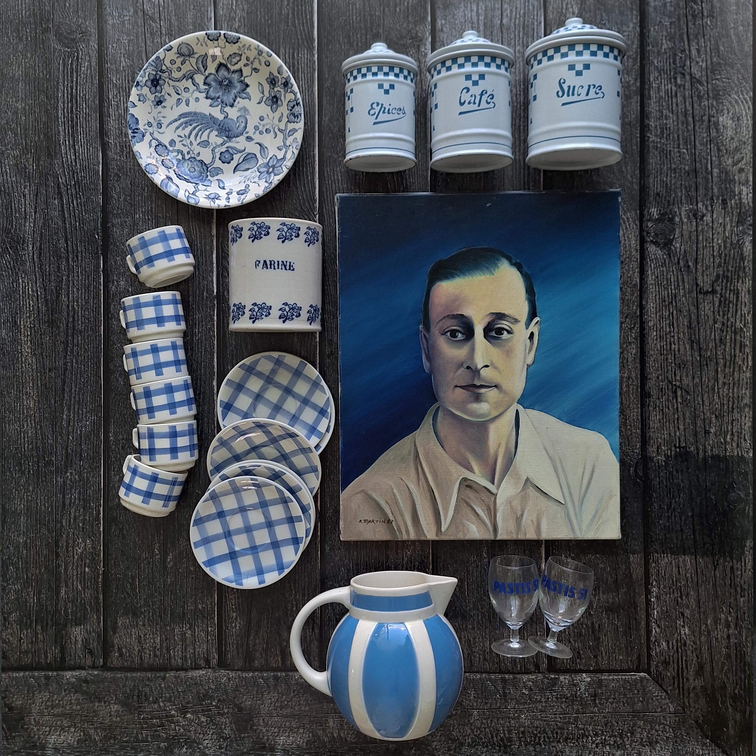 ヴィンテージ フレンチ ブルー＆ホワイト セラミック フラワー