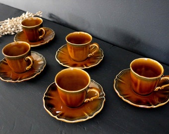 Brown Ironstone Flat Demitasse Cup and Saucer SARREGUEMINES, Coffee Cup Set , French Nordic Decor, Espresso Cup Set