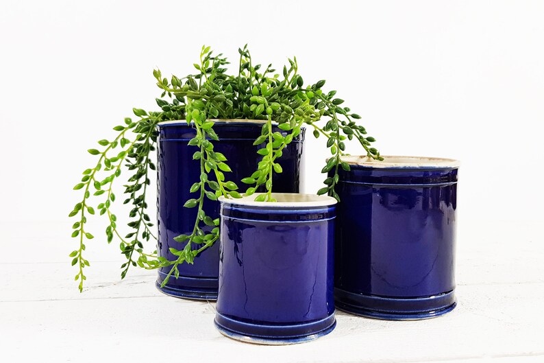 Set of 3 French Navy Blue Glazed Pottery Crock Pot Plant Etsy