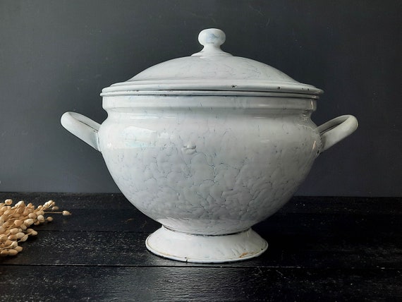 Extra Large French Vintage Marble Enamel Soup Tureen with Lid, White & Blue Enamelware, Rustic Country Soupière
